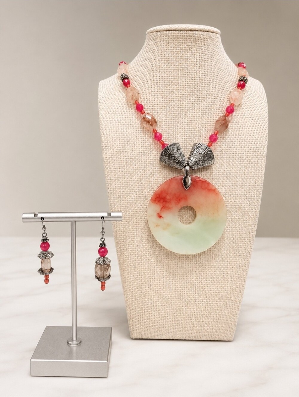 Artisan Multi-Color Jade & Lodolite Statement Necklace with Matching 925 Sterlin